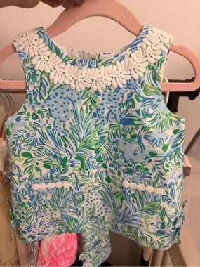 Lilly Pulitzer Blue and Green Floral Shift Dress with White Lace Trim baby